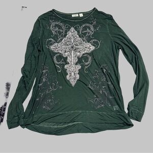 Y2K Dark Green Long-Sleeve Rhinestone Cross Top Large